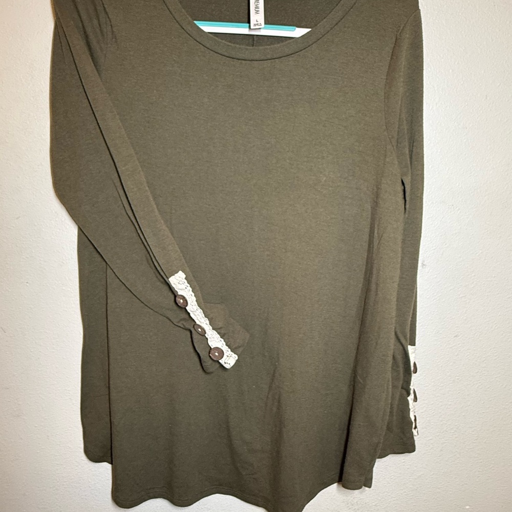 Zenana Outfitters Olive Long Sleeve Top with Lace Button Detail